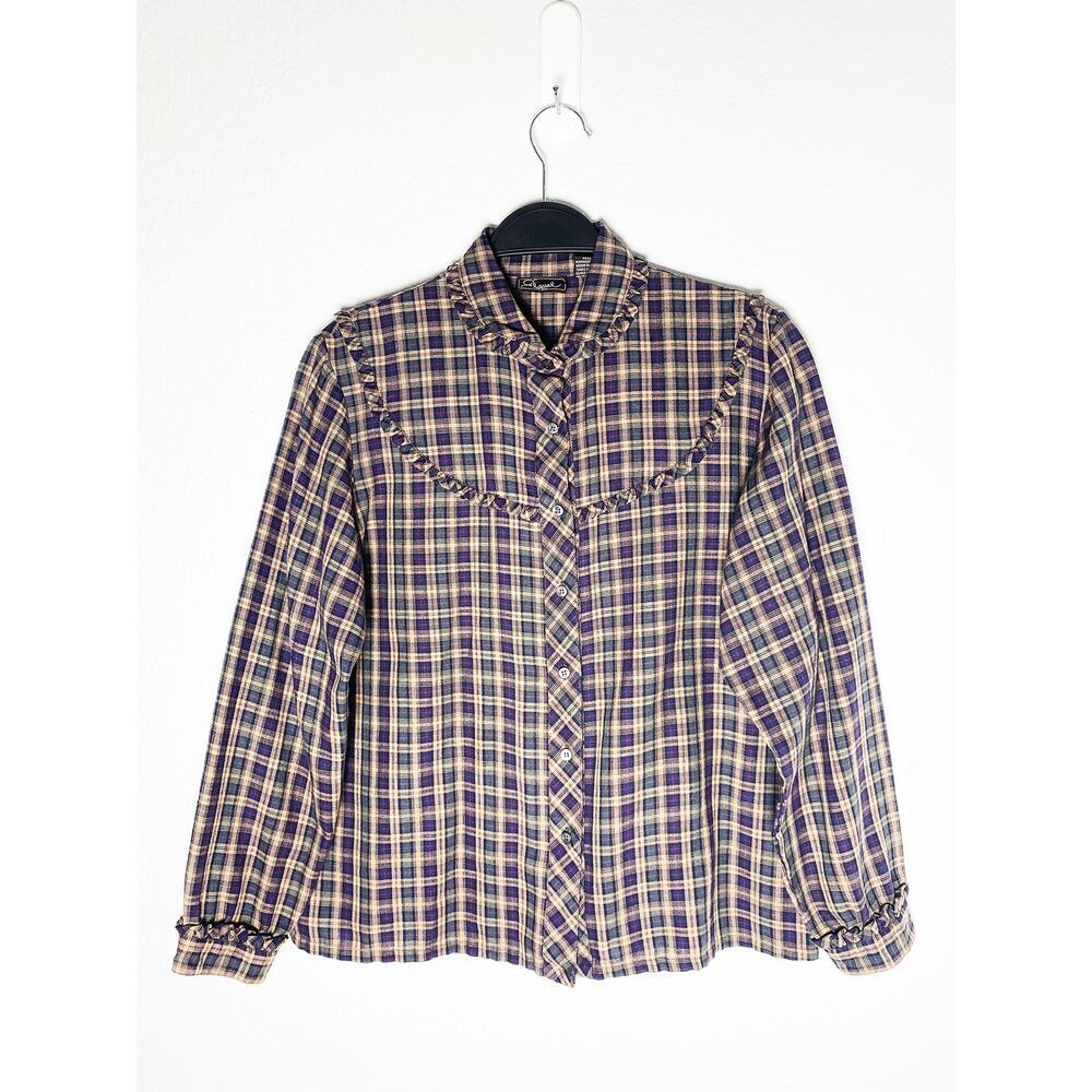 Vintage Esquel‎ Women’s Plaid Flannel Button Up Shirt Ruffle Details 90s Prairie
